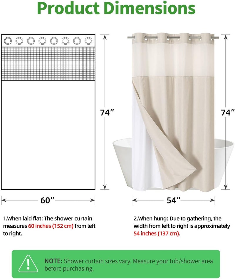 eachope Stall No Hooks Needed Linen Textured Shower Curtain with Snap-in Fabric Liner Set,Hotel Luxury Decor Shower Curtains for Bathroom,Waterproof & Washable,60Wx74H,Cream - Image 2